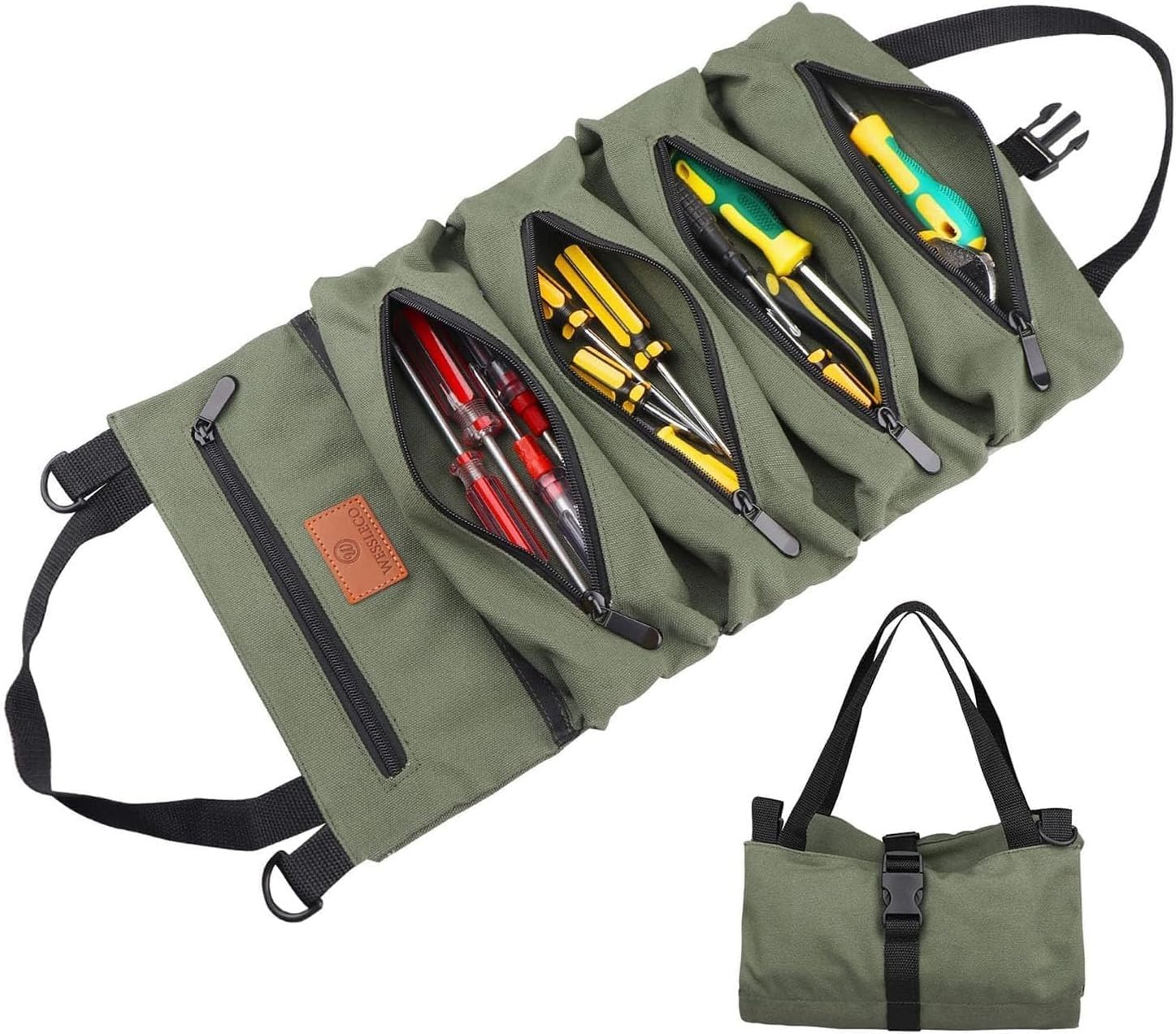 – Tool Roll Bag, Heavy-Duty Canvas Wrench Roll Up Pouch with Zipper Pockets, Multi-Purpose Tool Organizer for Mechanics, Carpenters and DIY Enthusiasts, Portable Hanging Tool Carrier