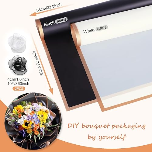 Miniatura 9 de Whaline 80 piezas de papel de regalo floral con cintas plegadas con borde dorado plano, rosa, impermeable, ramo de flores de embalaje, suministros