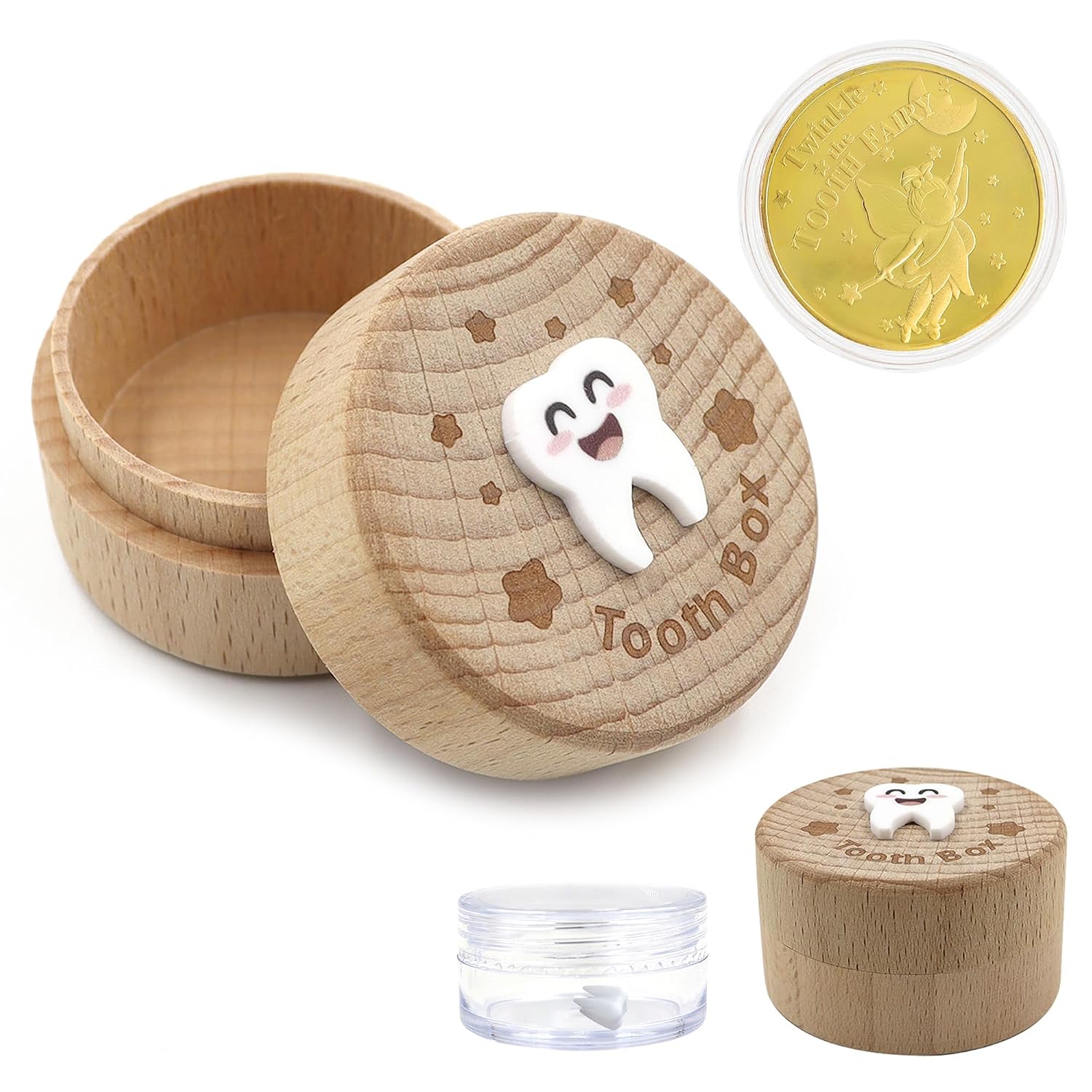 Wooden Tooth Fairy Box, Cute Tooth Fairy Tooth Holder, Tooth Fairy Kit with Tooth Fairy Coin and Transparent Storage Box, 3D Carved First Tooth Keepsake Box for Lost Teeth (Smiley)