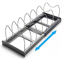 OMIO Expandable Pot Lid Organizer Rack for Under Cabinet, Adjustable 12"-22" Kitchen Storage with 7 Steel Dividers, Scratch-Resistant ABS Base for Pans, Cutting Boards, Bakeware, Grey