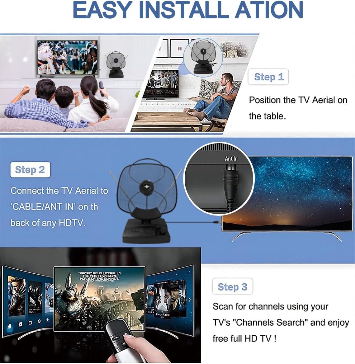 Amplified Indoor Digital TV Antenna – Best Powerful Amplifier, Signal Booster & Has up to 200+ Miles Range, Support 8K 4K 1080P VHF&UHF HD Free Local Channels Support All Tvs.