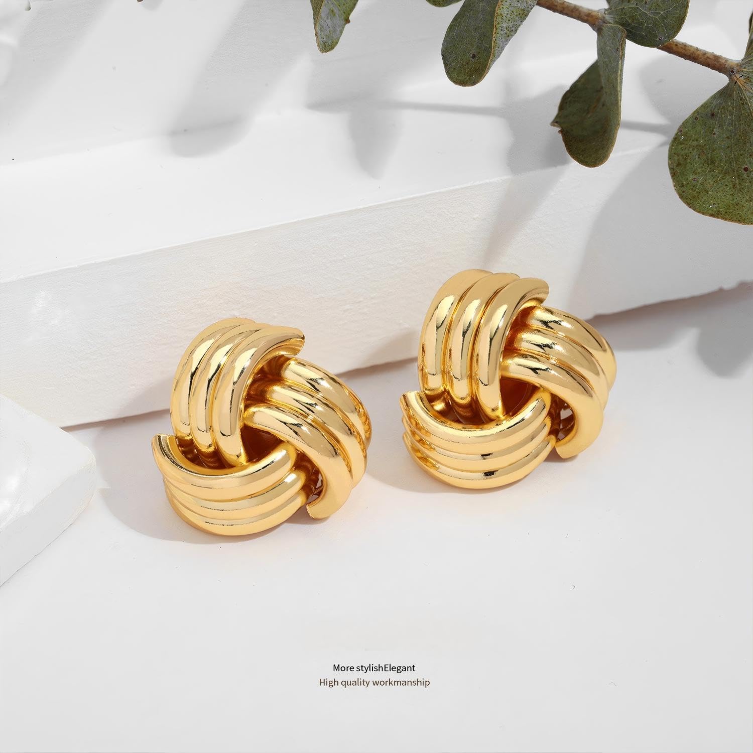 Elegant Gold Plated Twisted Knot Stud Earrings, 0.83 Inch Vintage Metal Statement Earrings for Women - Image 4