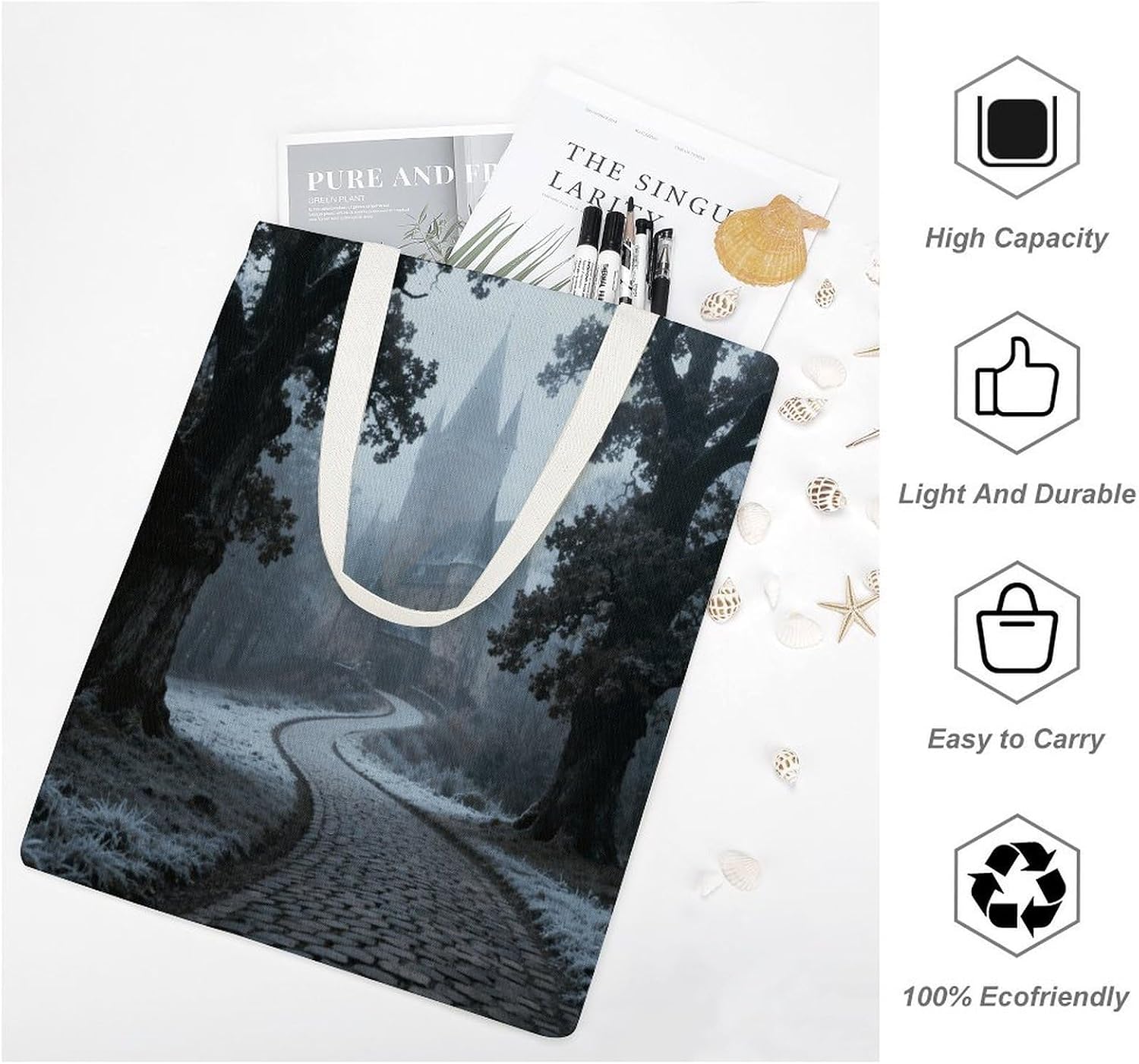 Castle Pathway Woods Canvas Tote Bag Reusable Grocery Bags Foldable Soft Cotton Shoulder Carry Bag