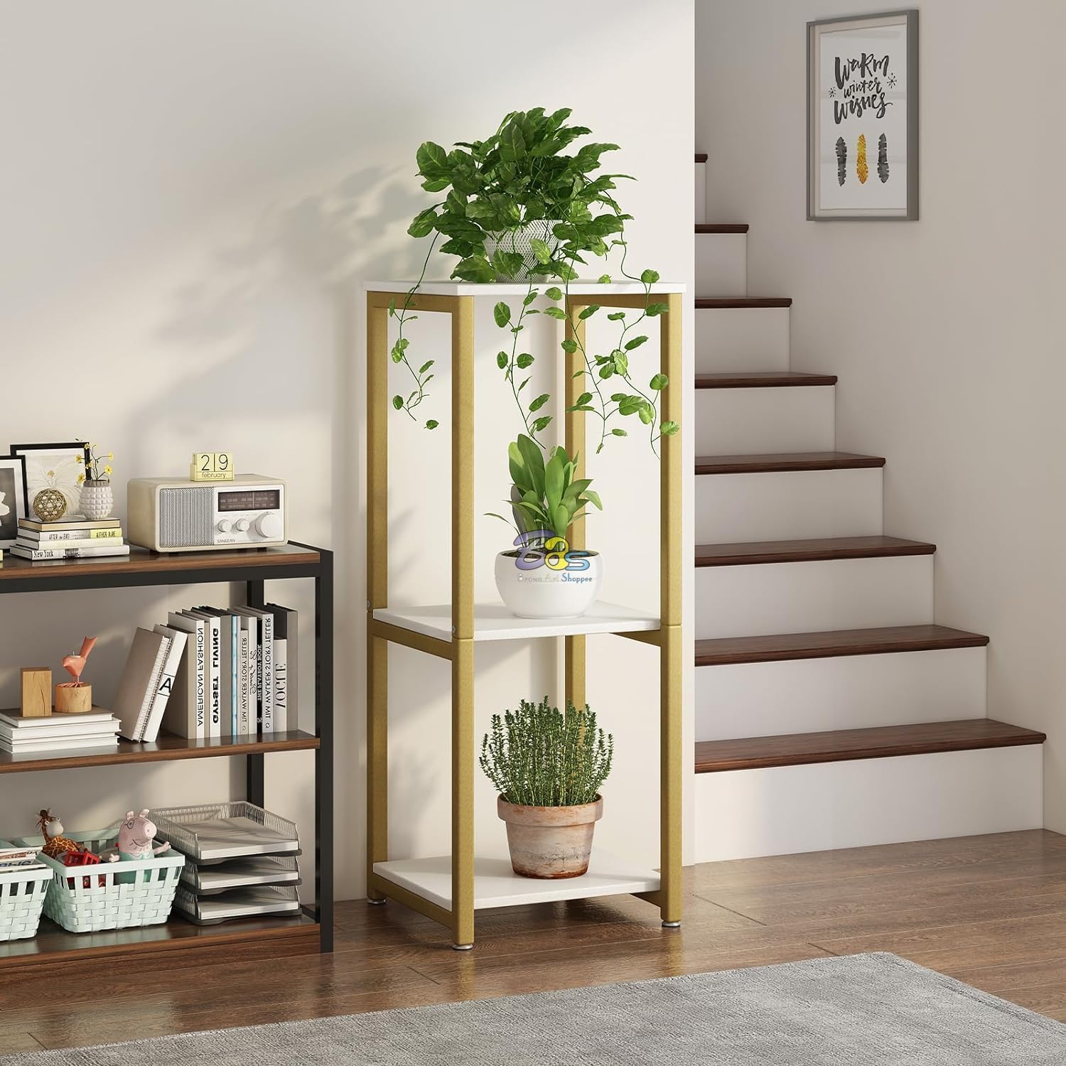 Iron & Engineer Wood Plant Stand Indoor Outdoor ,Tall Metal Plant Stands , 3 tier Flower Pot Plant Holder, Modern Plant Shelf for Corner Living & Bed Room Decor (GOLDEN WHITE)-image-47