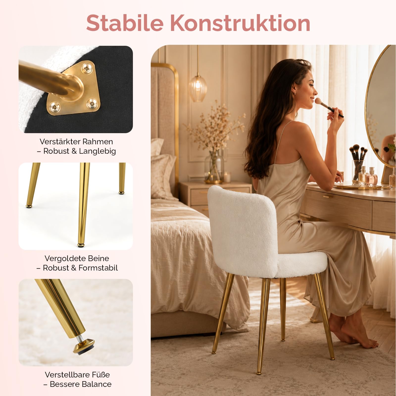 VINGLI Schminkstuhl mit Rückenlehne, Kompakter Polsterstuhl，Weiß