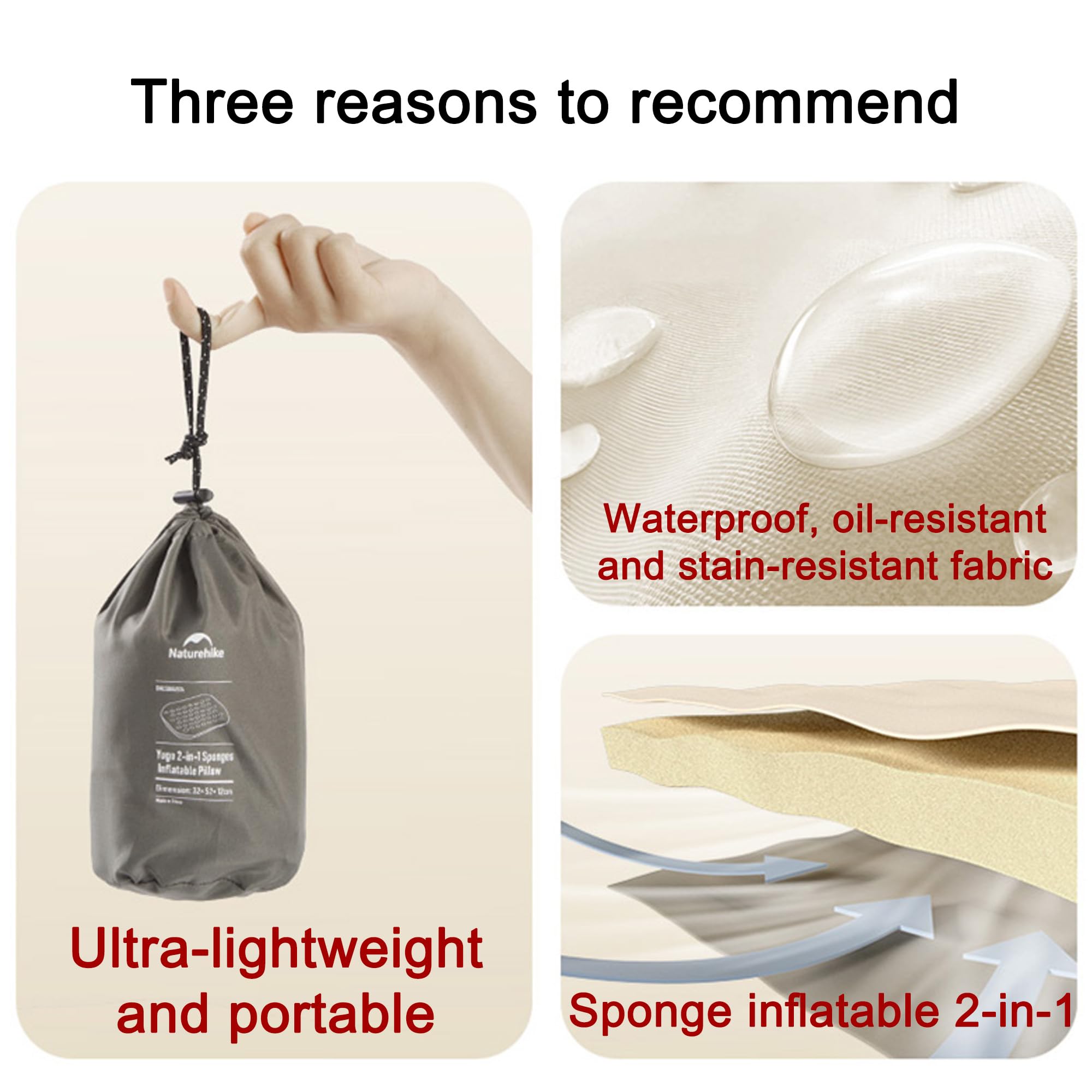 Naturehike Cuscino gonfiabile in schiuma 2 in 1, ultraleggero, gonfiabile, da campeggio, ergonomico, 3 misure, ideale per attività all'aperto, escursionismo (misura grande)