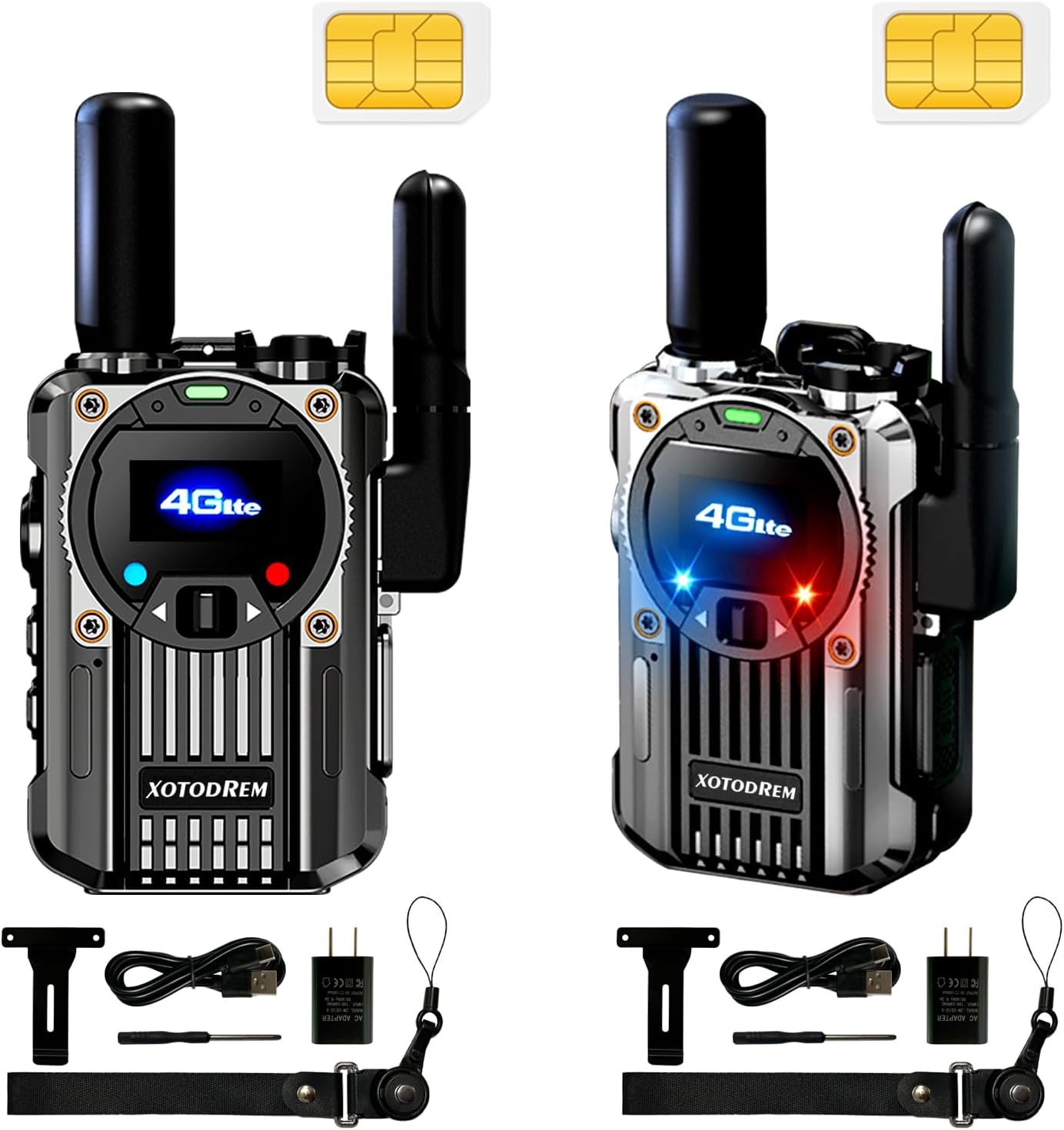 Two XOTODREM-M66 Global Walkie Talkies with included accessories like antennas, chargers, and clips.