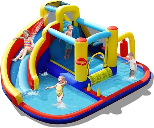 BOUNTECH Tobogán acuático inflable, Mega parque acuático de casa de rebote para niños, patio trasero, diversión al aire libre con piscina, pared de