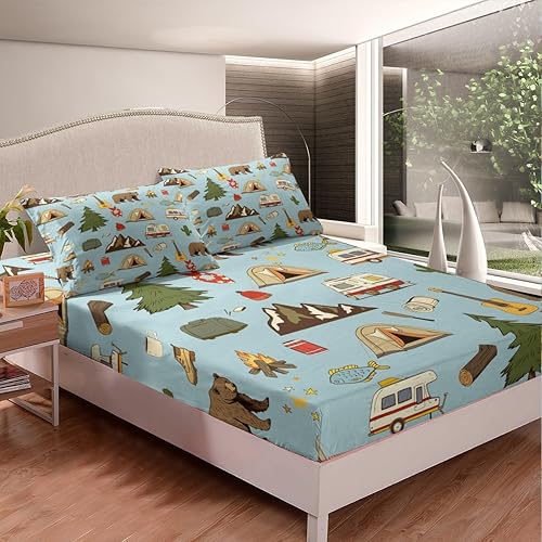 Miniatura 3 de Ropa de cama para caravanas de viaje, juego de sábanas de camping feliz para niños y niñas, sábanas de oso de pino, juego de sábanas de accesorios