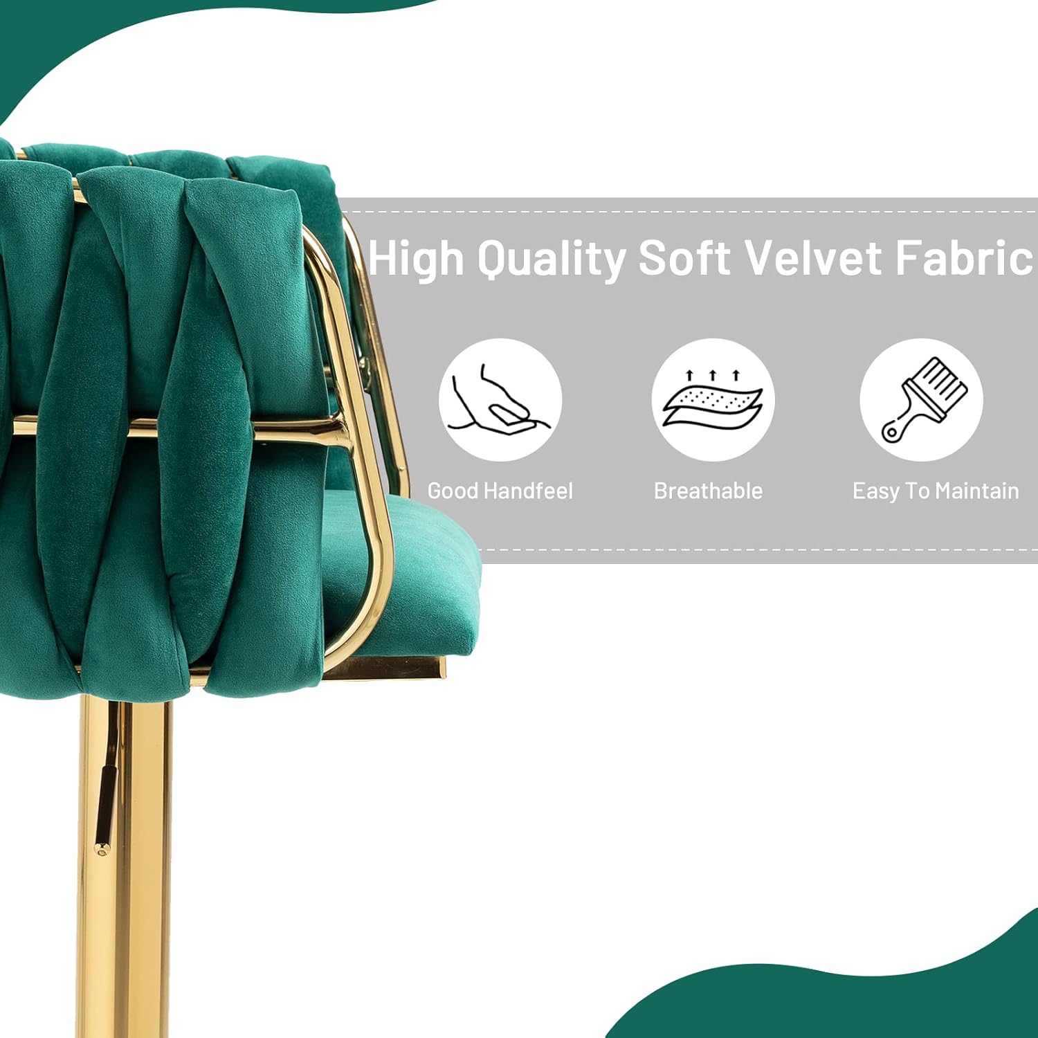 Modern Velvet Swivel Bar Stools Set of 4, Hand Woven Backrest, Comfy Adjustable Counter Height Barstools with Gold Square Base for Counter, Kitchen Island, Cafe, Pub (Set of 4, Emerald)