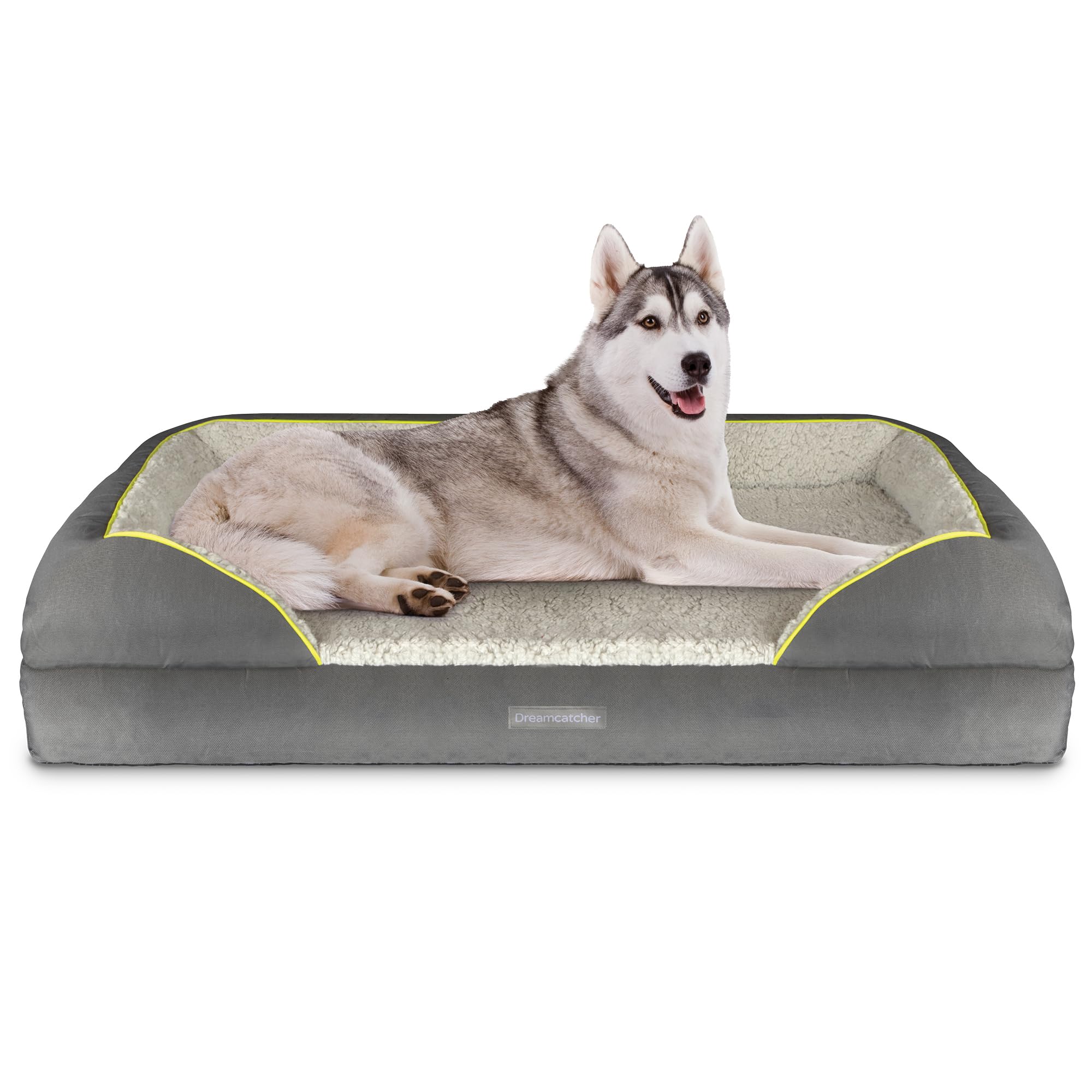Dreamcatcher Extra Large Dog Bed Plus 122x89x20cm, Orthopaedic Memory Foam Bolster and Non Slip Base with Sherpa Fleece Top. Grey Waterproof Oxford Fabric Sides and Removable Washable Cover โ image 1