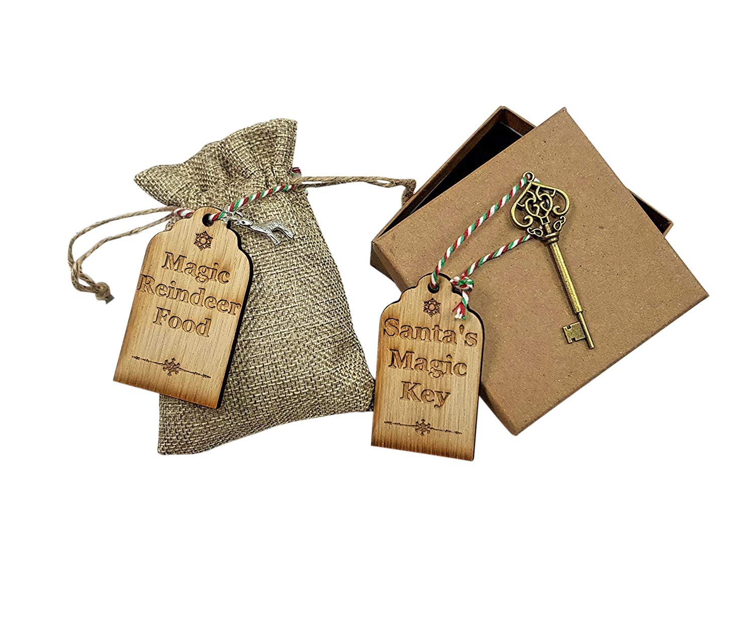 Hoolaroo Santa And Reindeer Key Santa's Magic Key & Reindeer Dust Sack With Wooden Engraved Tags Vintage Style