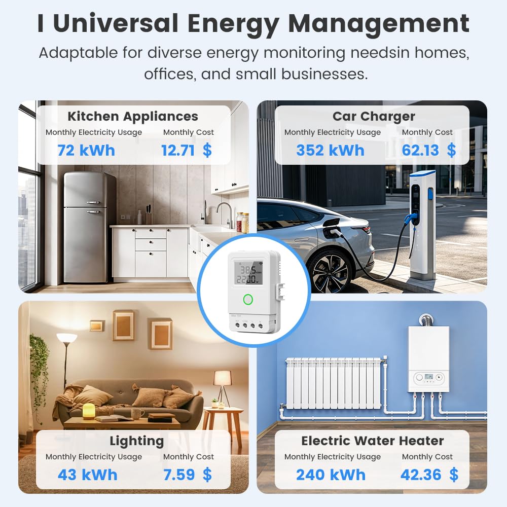 Monitor de alimentación inteligente WiFi para el hogar con sonda de temperatura, amperímetro de abrazadera, transformador de corriente CT de 3 80 A, control de aplicación, monitor en tiempo real, para