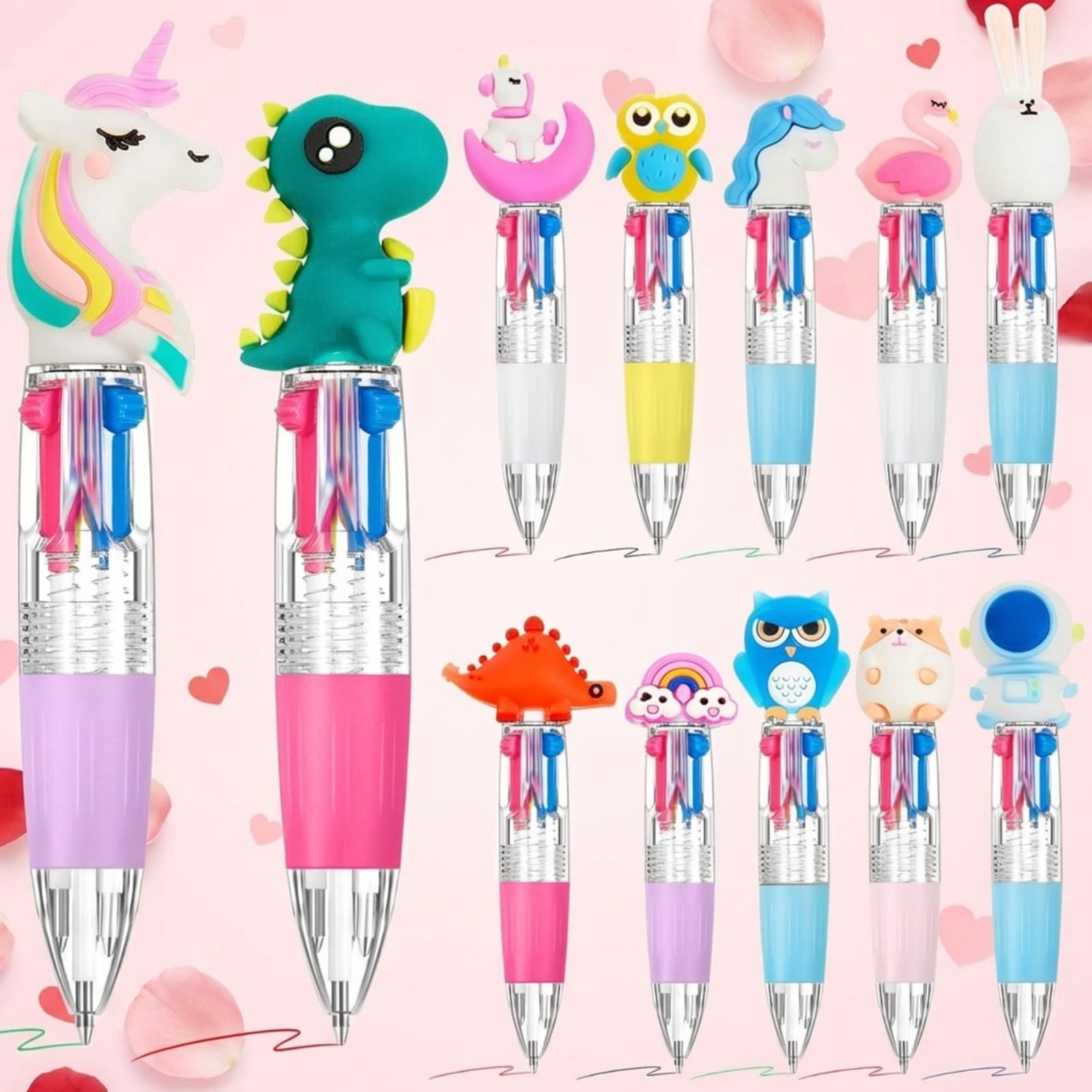 Humyoun 12 Pcs Mini Multicolor Pen in One 4 in 1 Valentines Cute Fun Ballpoint Ink Pens Bulk Fun Gifts for Birthday Valentines Stationery Party Favor