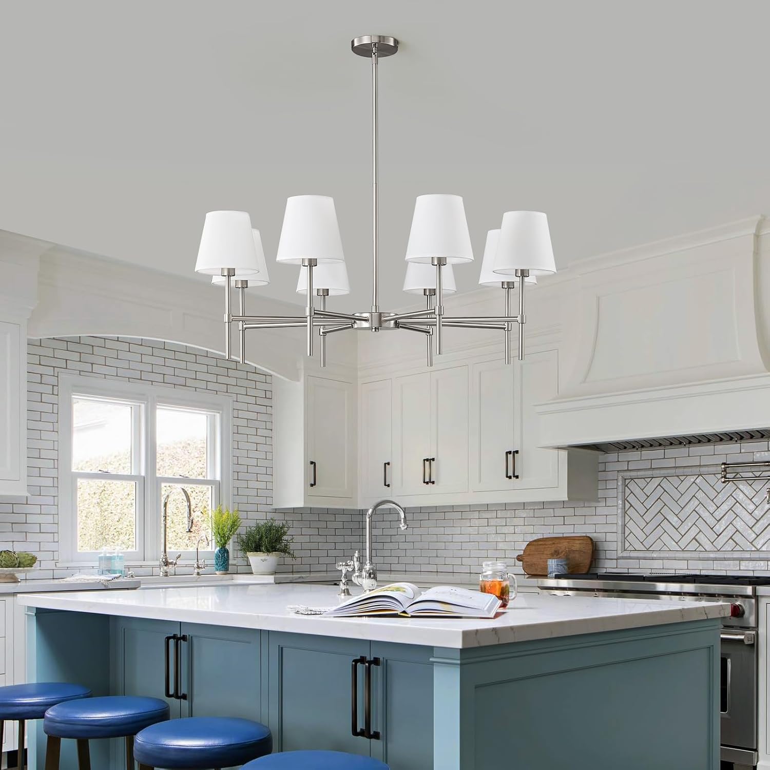 Dining Room Chandeliers Light - Modern Brushed Nickel Chandelier, 8-Light Metal Farmhouse Dining Room Light Fixture, E26 Hanging Pendent Lighting for Kitchen, Living Room, Foyer, Entrance