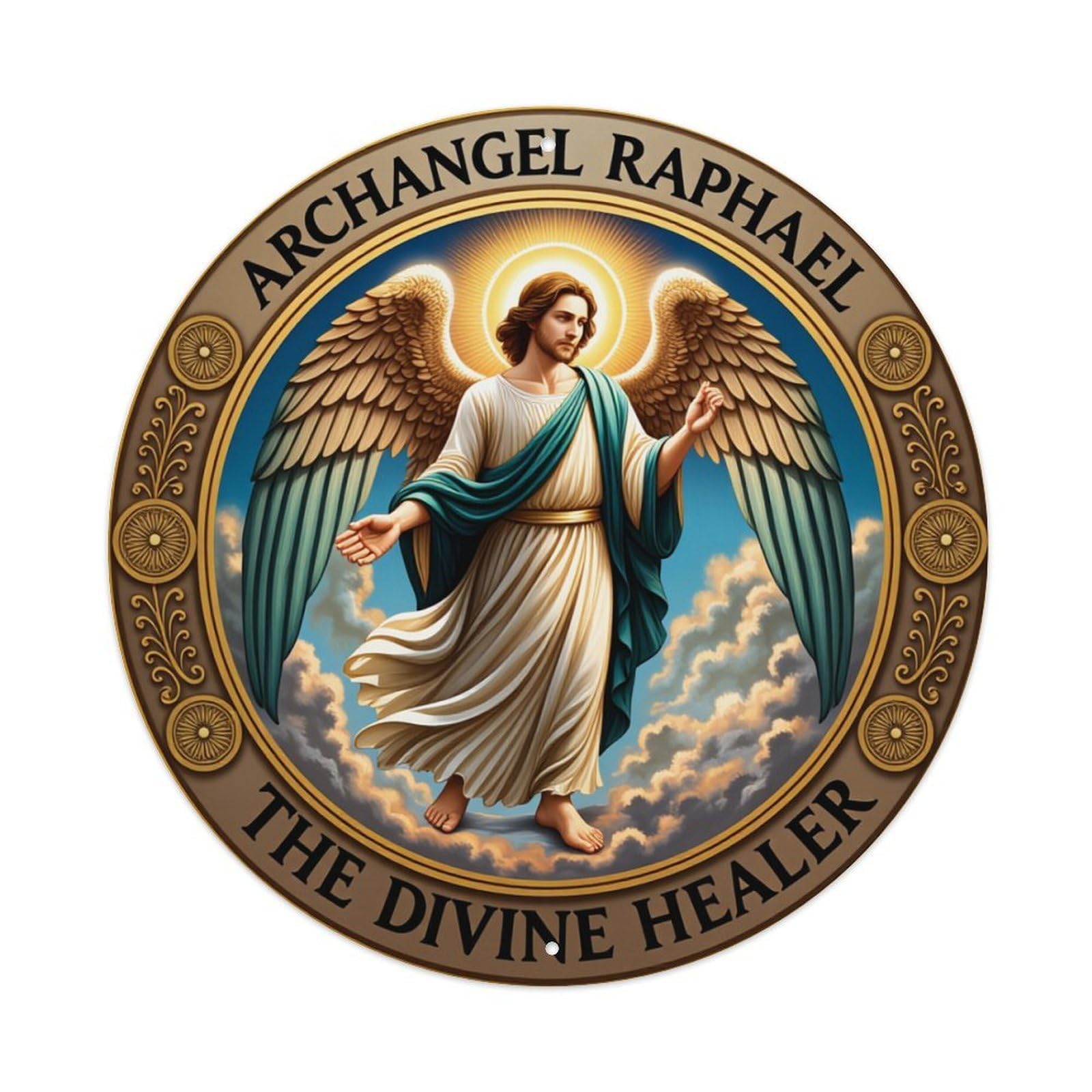 Archangel Raphael Divine Healer Wings Round Tin Sign Retro Metal Sign for Cafe Bar Pub Home Game Room Gym Club Wall Decoration Vintage Metal Poster 8x8 Inch