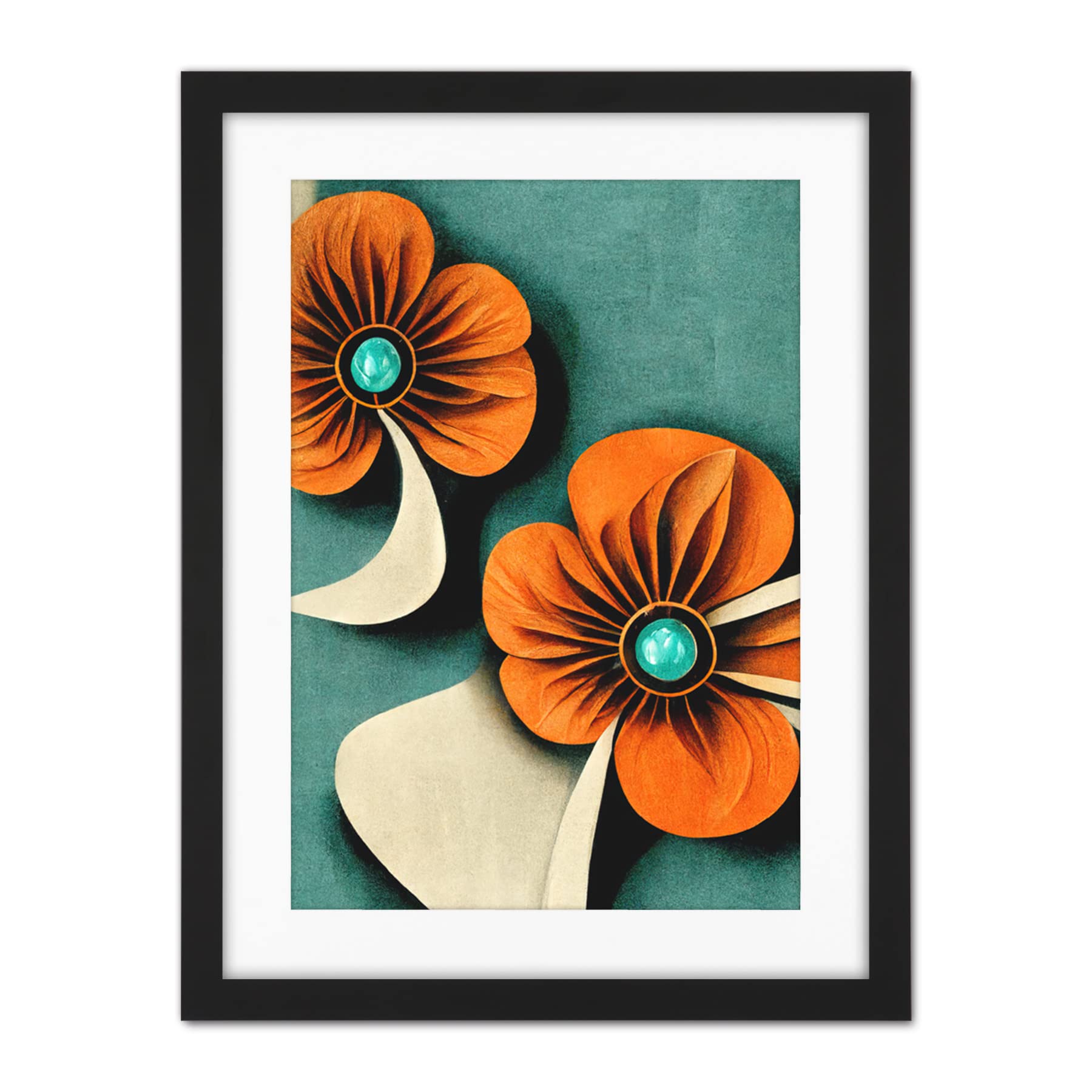 Doppelganger33 LTD Abstract Papercut Orange And Cream Flowers On Teal Artwork Framed Wall Art Print 18X24 Inch