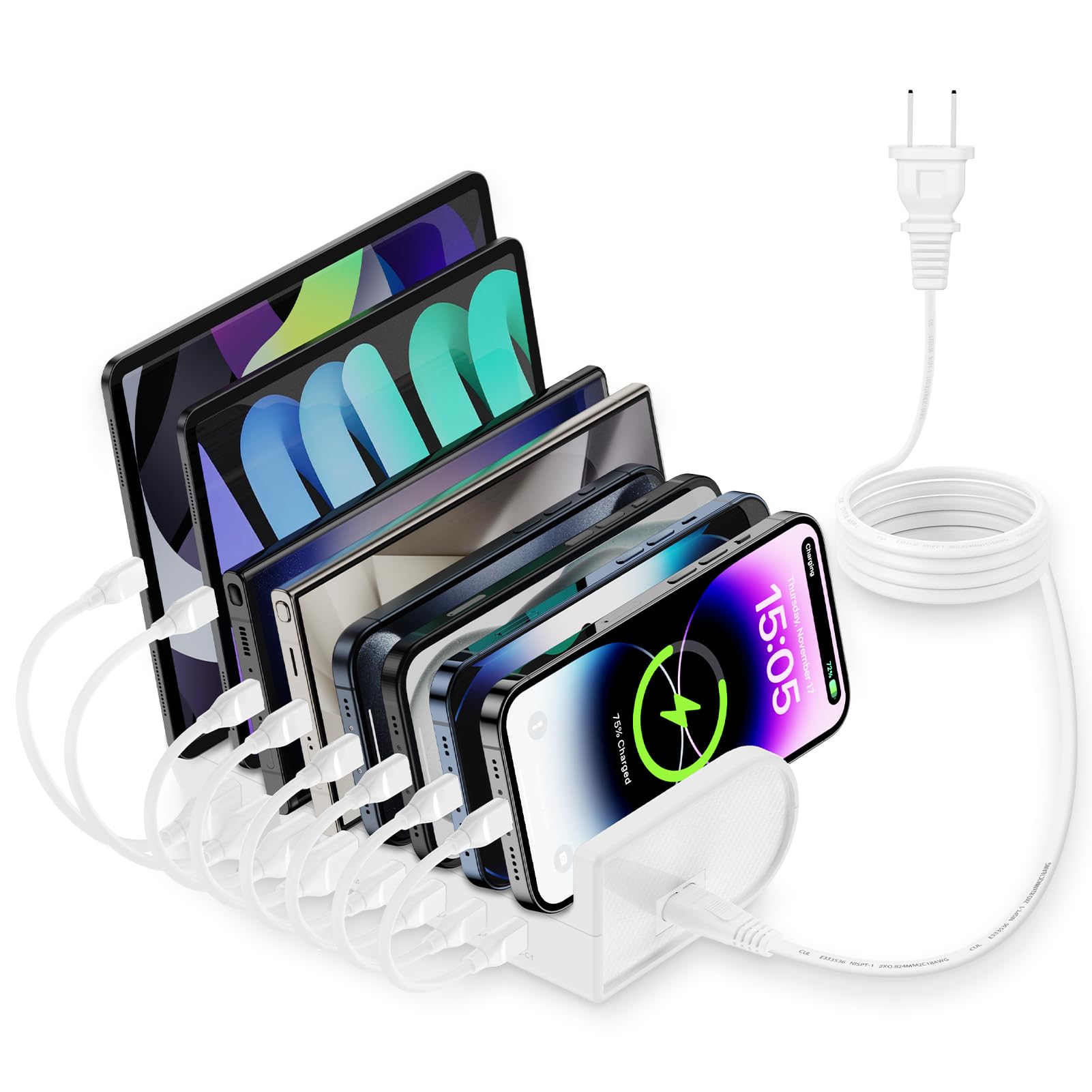 Charging Station USB Charger Block for iPhone 16e 16 Pro Max 16 Pro 16 Plus 16 15 Samsung Galaxy A16 A35 S25, 65W 8 Ports Type A & USB C Fast Charging Dock Stand Android Phone Charger for iPad,Kindle