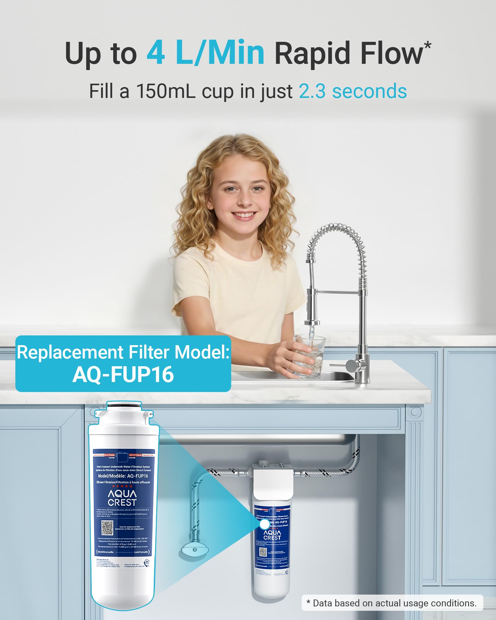 AQUA CREST UP16 Sistema di Filtrazione Sotto Lavello, Collegamento Diretto al Rubinetto Cucina, Riduce 99,52% Cloro, Sapori e Odori, 11K Galloni