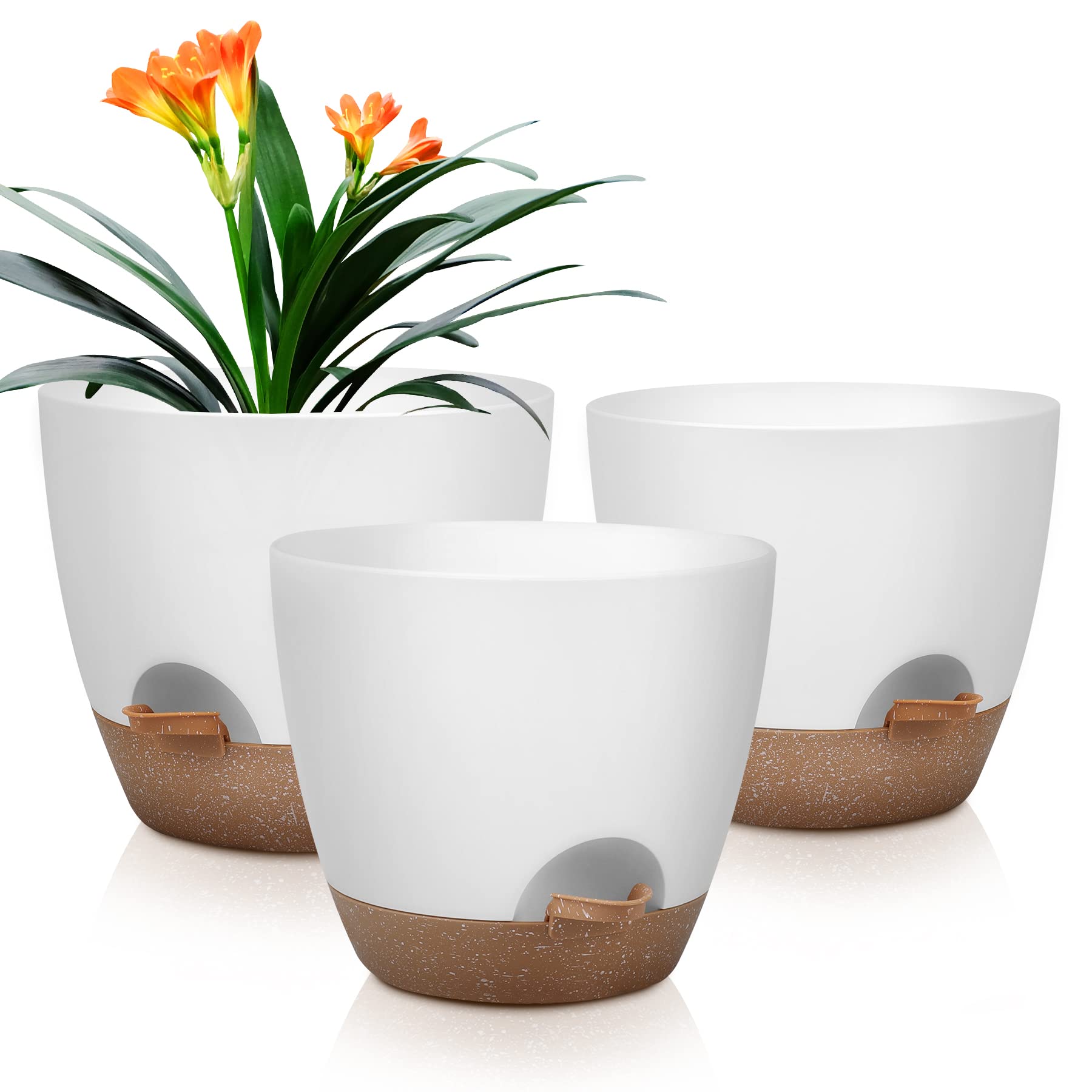 QRRICA Plant Pots 10/9/8 Inch Self Watering Pots, Set of 3 Plastic Planters with Drainage Holes and Saucers,Plastic Flower Pots,Nursery Planting Pot