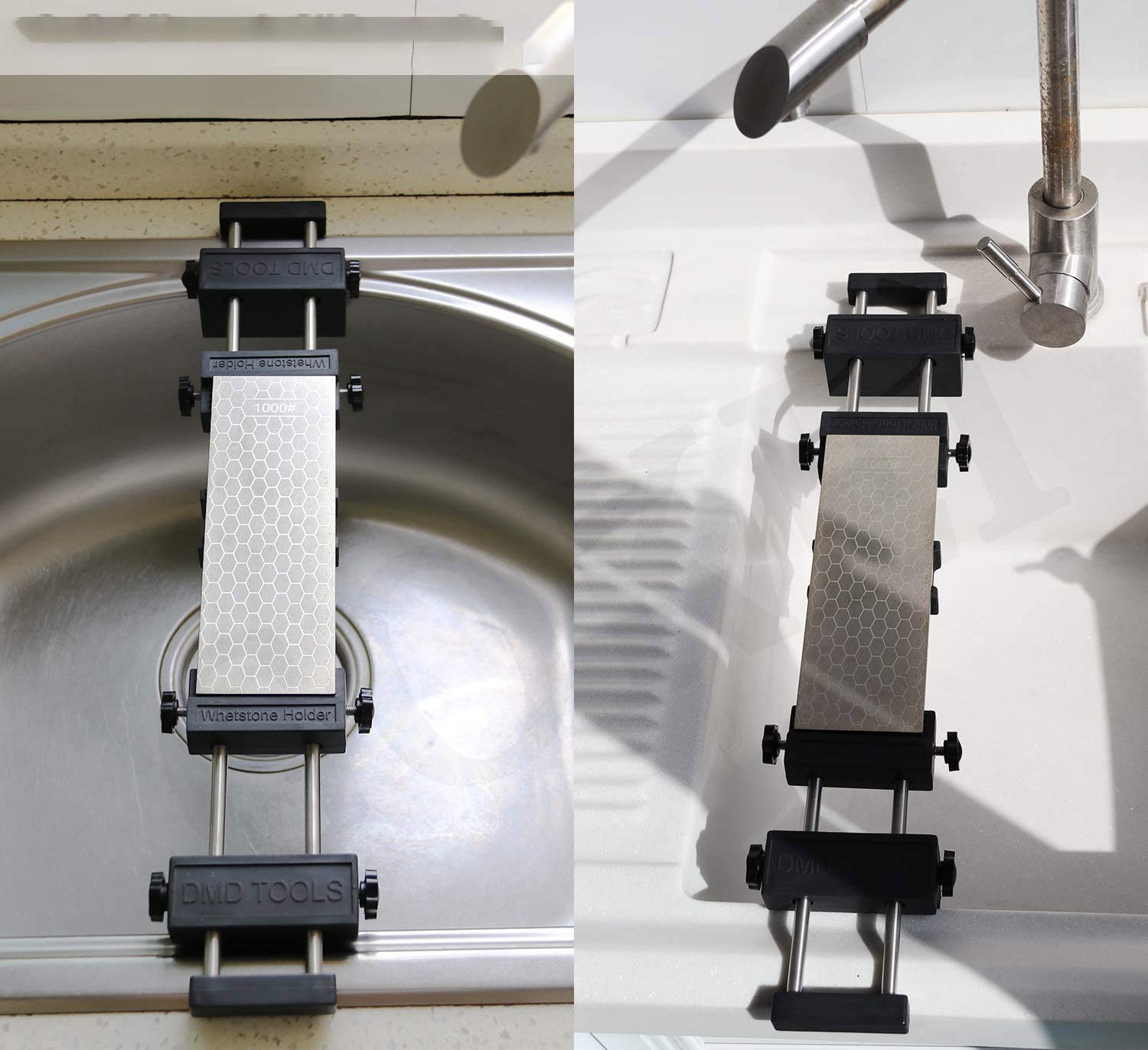 Soporte para piedra de afilar, soporte para piedra de afilar de puente de fregadero con goma antideslizante ajustable para fácil pulido de acero inoxidable 304