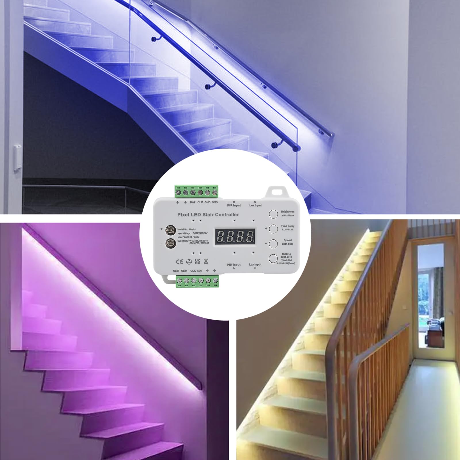 RGB LED-Treppenstufenbeleuchtung PIR Bewegungsmelder Treppenlicht-Controller & 5M LED-Streifen (1 Stück Controller + 5M LED-Streifen)
