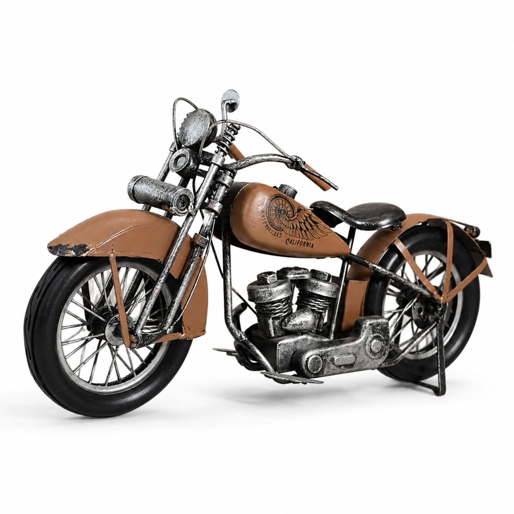 Vintage Motorcycle Metal Sculpture 15" - Handcrafted Iron Figurine, Harley Davidson Style Decor for Garage Office Bar, Route 66 Biker Gifts for Men