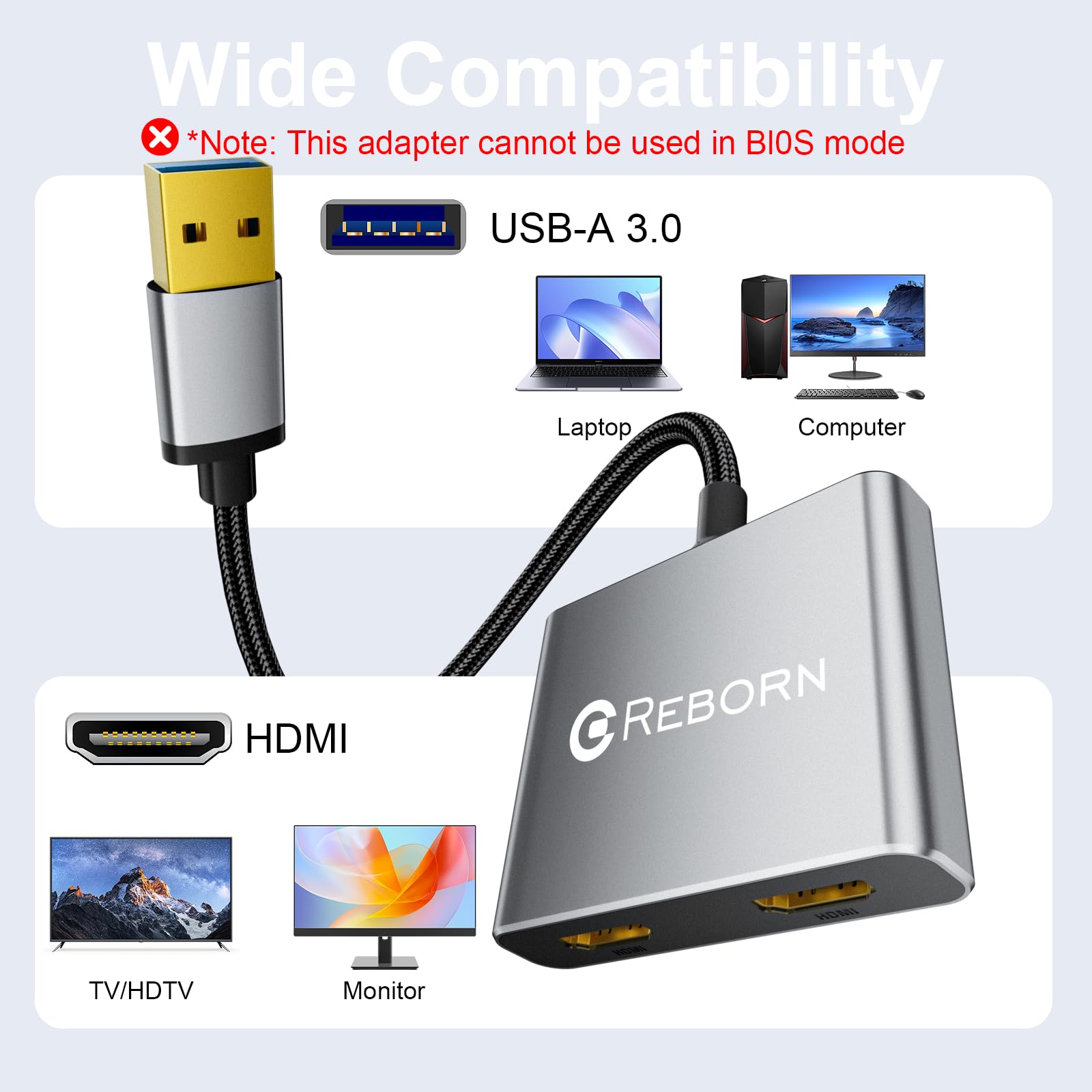 Reborn Adapter USB na HDMI, 1080P przy 60 Hz USB 3.0 męski na podwójny HDMI żeński konwerter kabli z wieloma wyświetlaczami, odpowiedni do MacOS, Windows 7/8/10/11 - wymagana jest instalacja