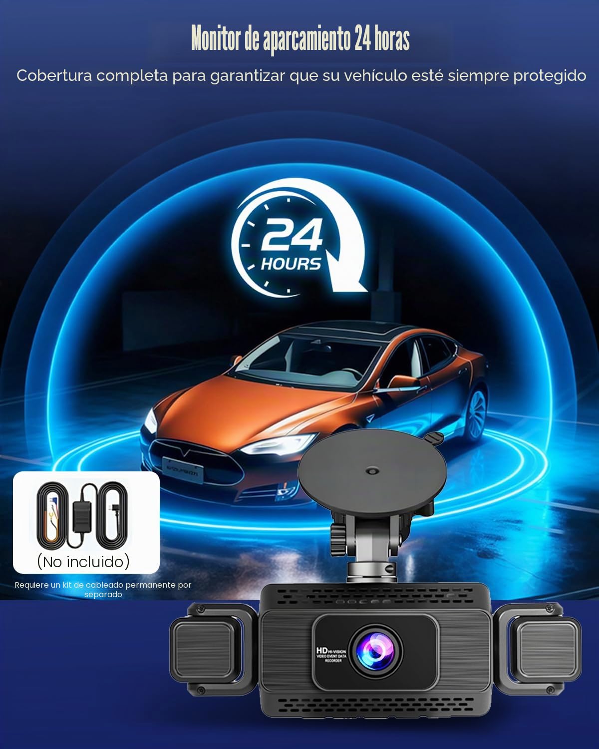 Dashcam de 4 Canales, Delantera y Trasera, 1080p, con WiFi, Tarjeta SD de 64 GB, Pantalla IPS de 3", Gran Angular, Visión Nocturna IR 8, Sensor G, Cámara para Salpicadero con Grabación en Bucle