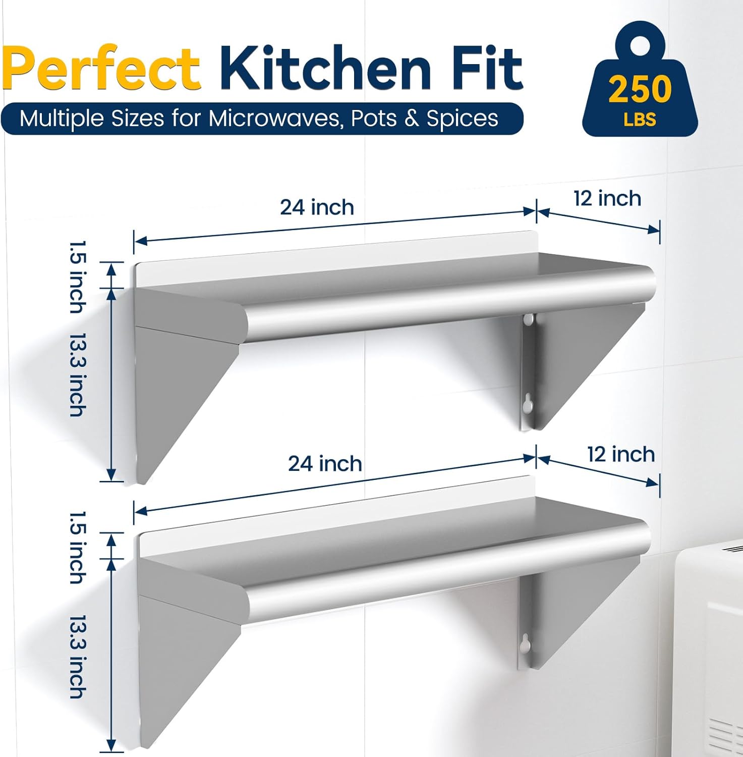 stainless steel shelf 12" x 24" - 2 pack 250 lb wall mounted commercial stainless steel shelves metal shelving for restaurant, bar, utility room, kitchen and garage 2 piece set 12 x 24 inch
