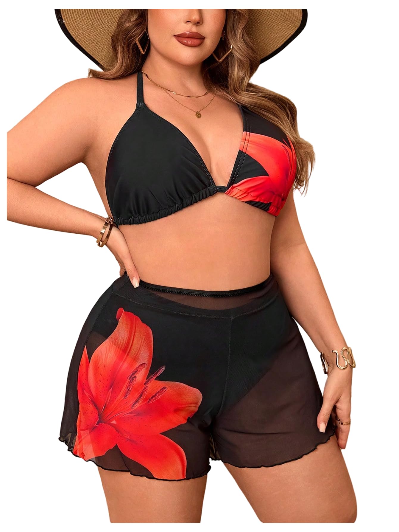 Bikini grande taille hipster floral 3 pièces maillot de bain tankini - 6
