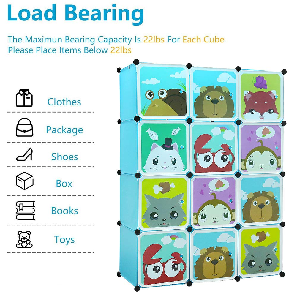 Mueble de almacenamiento infantil con 12 cubos, armario modulable con puertas, motivos de animales, estantería de plástico para juguetes, ropa y bolsas escolares (azul)