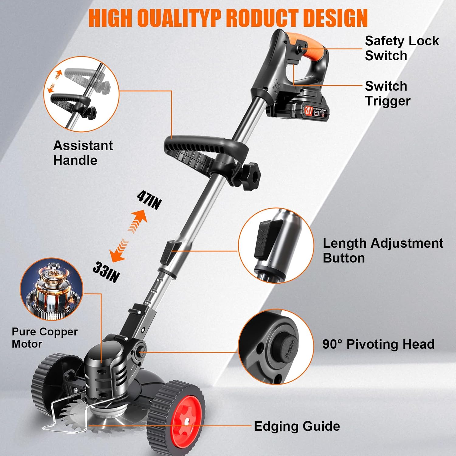 Cordless Weed Wacker 21V Electric Weed Cordless Eater 3-in-1 Grass Trimmer/Brush Cutter/Edger with 2pcs Batteries&Wheels&3Types Blades Lightweight Low Noise Weed Trimmer for Lawn, Garden & Yard