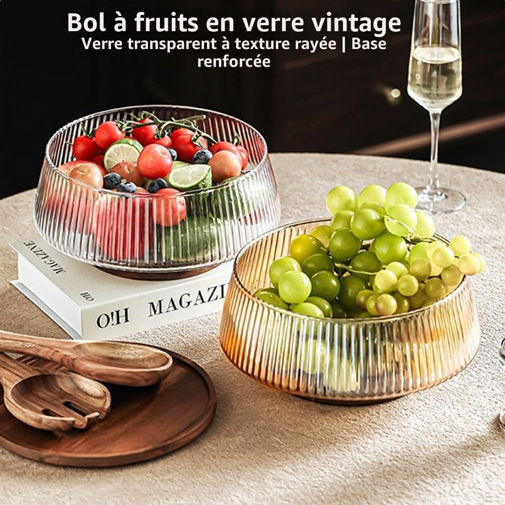 Ailan Plateau à fruits haut de gamme avec base et couvercle en bois, élégant et polyvalent, pour table de salon, snacks, bonbons, saladier en verre transparent avec base bois, tapez+3