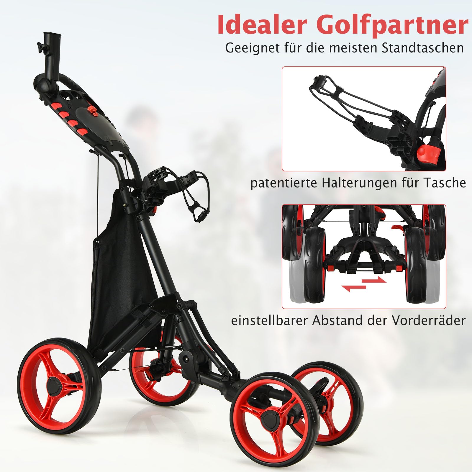 COSTWAY Golf Trolley, 4 Rad Golftrolley, Golfwagen klappbar, Golfcaddy aus Aluminum, Golfcaddy mit Schirmhalter, T-Stückhalterung und Aufbewahrungstasche