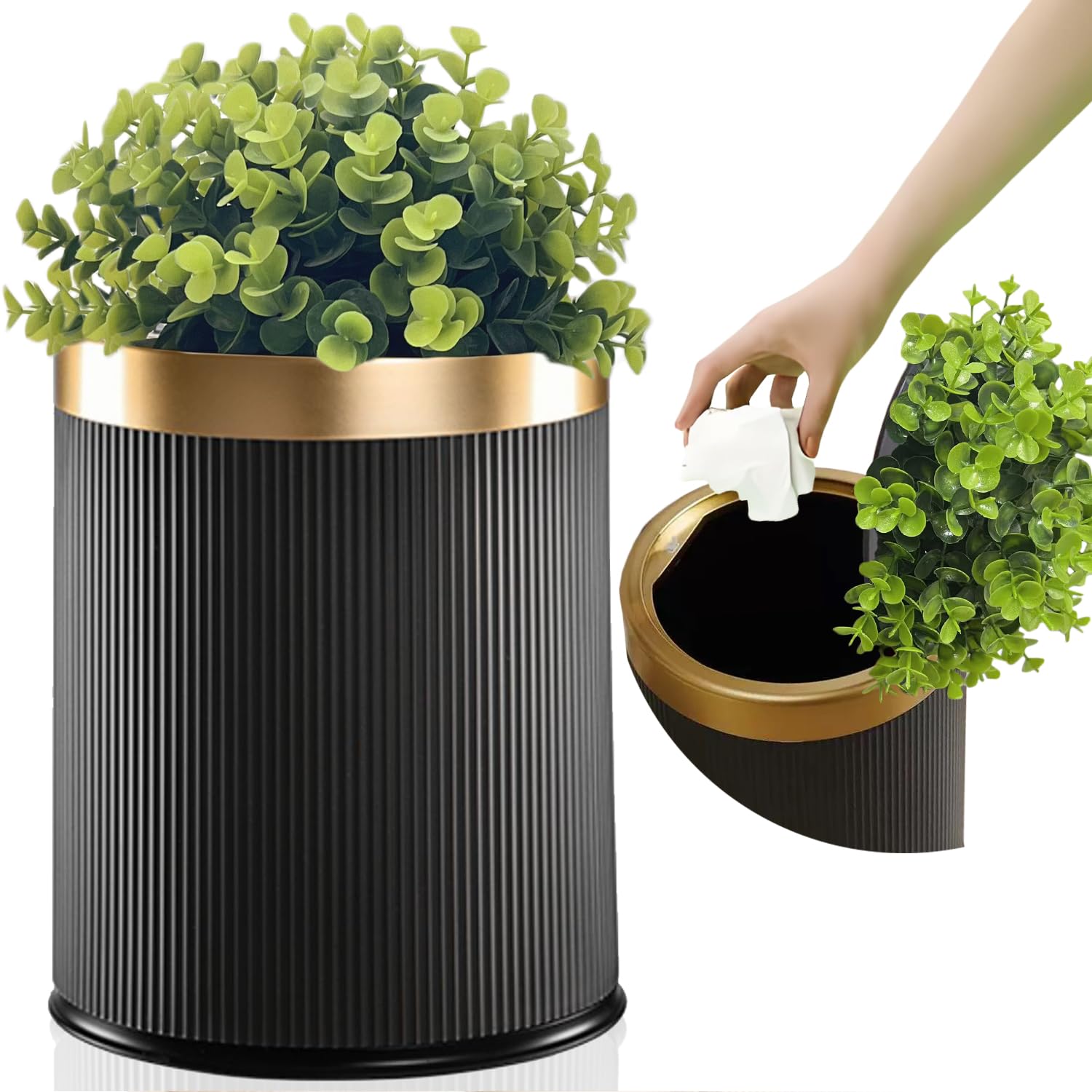 Yatmung Bathroom Trash Can with Lid - Office, Bedroom, Living Room, Entryways - Small Bathroom Garbage Can - Decorative Trash Bin (Faux Plant) - Hidden Waste Basket - 2.6 Gal, Black with Gold Edge