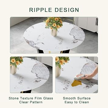 JUFU Round Dining Table Set for 6, 42 Dining Room Table Set with Faux Marble Tabletop and Glossy Base,Modern Round Kitchen Table and 6 Chairs Set for Dinning Room, Living Room, Restaurant