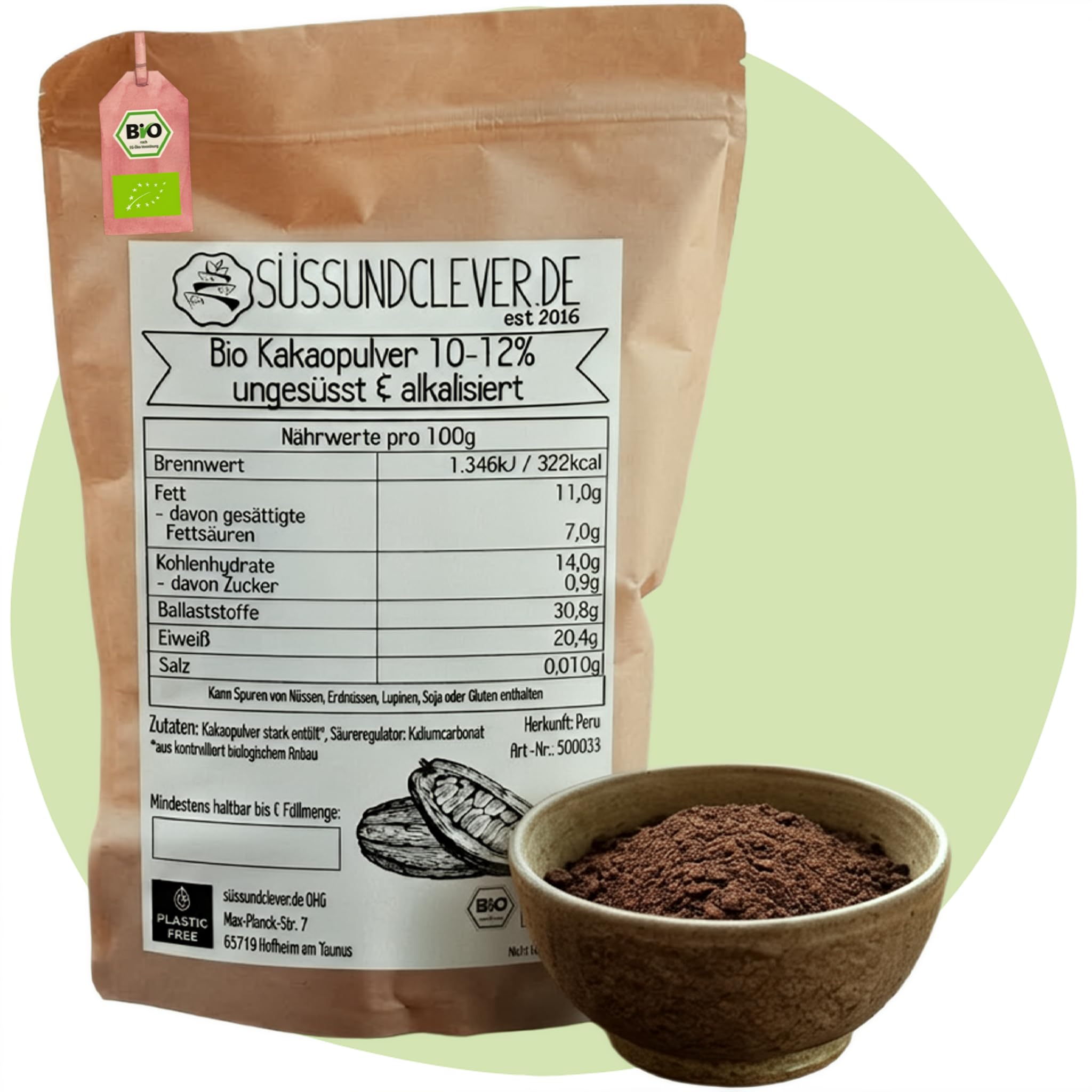 süssundclever.de® Bio Kakao Pulver | 1 kg | reines Kakaopulver, ungesüsst | stark entölt | hochwertiges Naturprodukt | plastikfrei und ökologisch-nachhaltig abgepackt