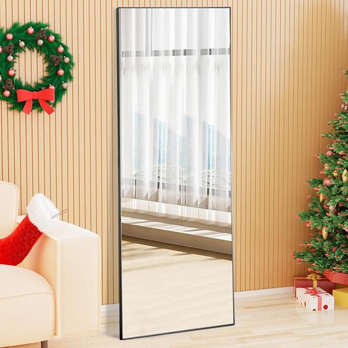 Sweetcrispy Full Length Mirror 59"x16" Full Body Floor Mirror Standing Hanging or Leaning Against Wall, Tall Wall Mirror with Stand Aluminum Alloy Thin Frame for Bedroom Cloakroom, Black