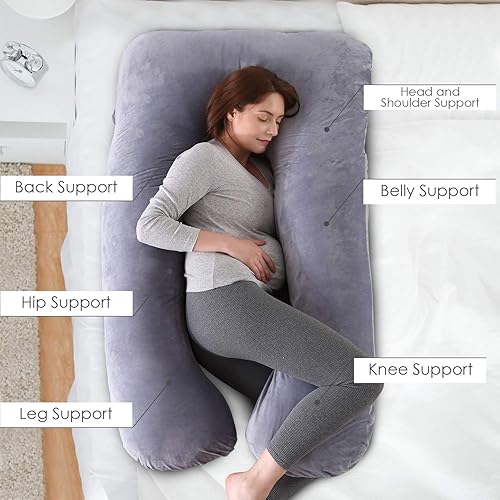 Miniatura 4 de Kingta Almohada de embarazo en forma de U con funda de terciopelo lavable, almohada de maternidad de 57 pulgadas para mujeres embarazadas, soporte