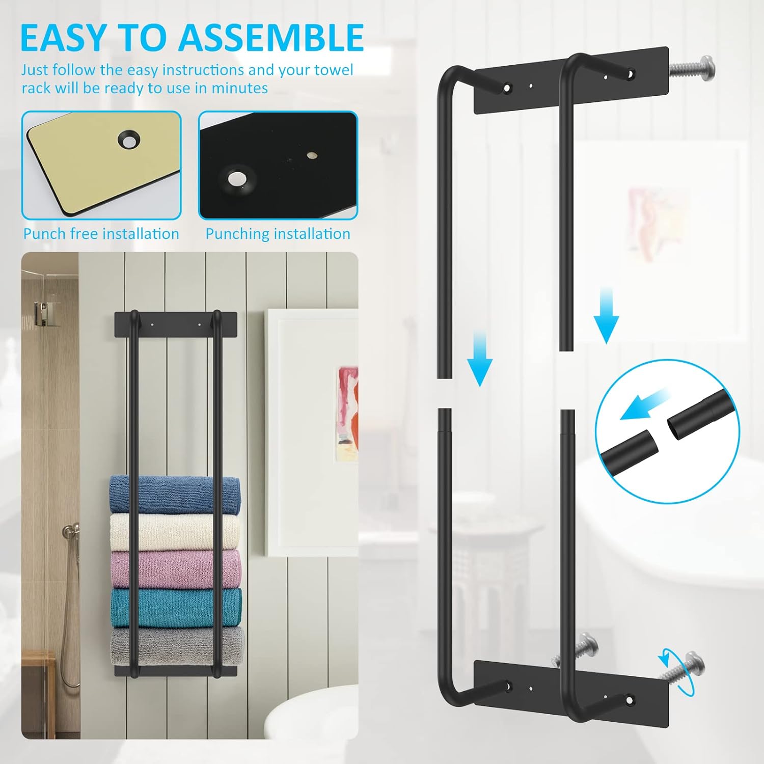Wall Towel Rack for Rolled Towels, Stainless Steel Bath Towel Holder, Towel Rack for Bathroom Wall Mounted, Black Bathroom Towel Storage for Large Towel