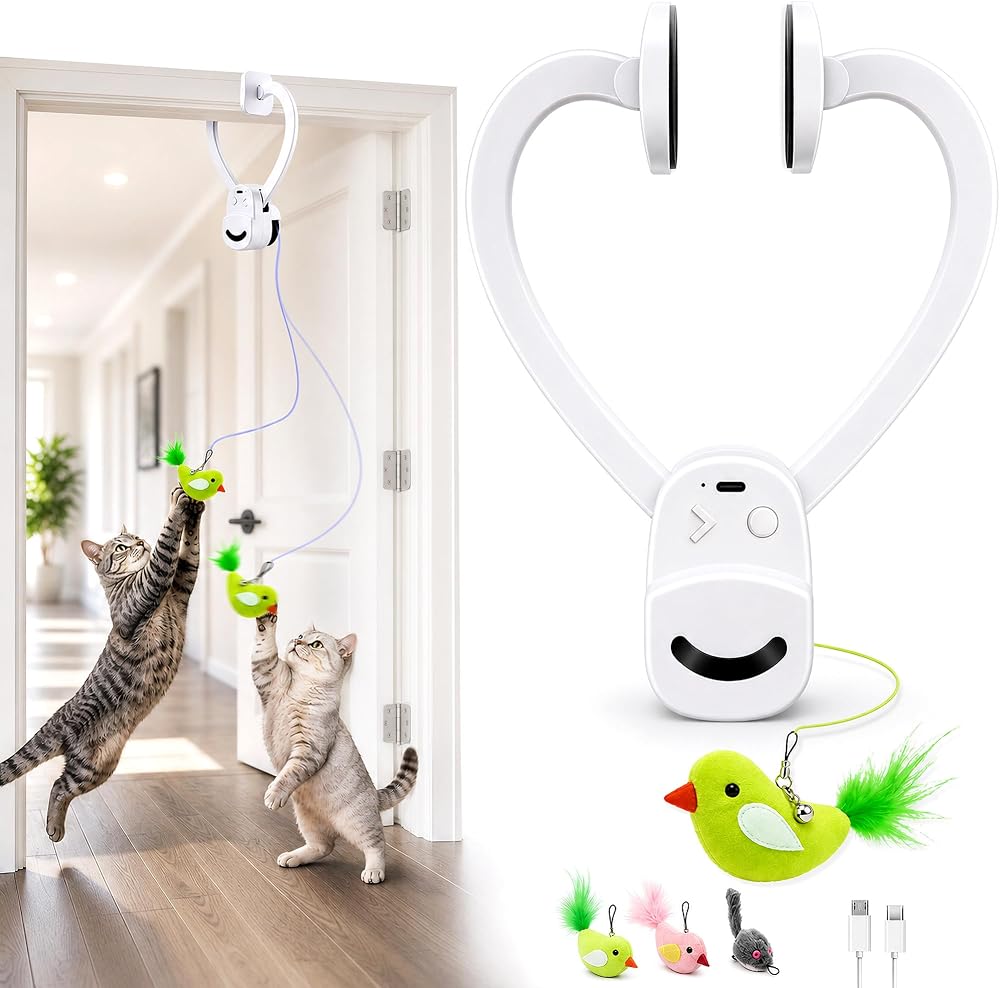 Interactive Doorway Cat Toy, No-Adhesive Clip-On for Indoor Cats | Automatic Retractable bird-and-mouse motion with 8-minute auto-play, touch-to-wake response, USB charging, 2 birds & 1 mouse