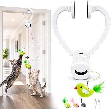 CATPICK Interactive Doorway Cat Toy, No-Adhesive Clip-On for Indoor Cats | Automatic Retractable bird-and-mouse motion with 8-minute auto-play, touch-to-wake response, USB charging, 2 birds & 1 mouse