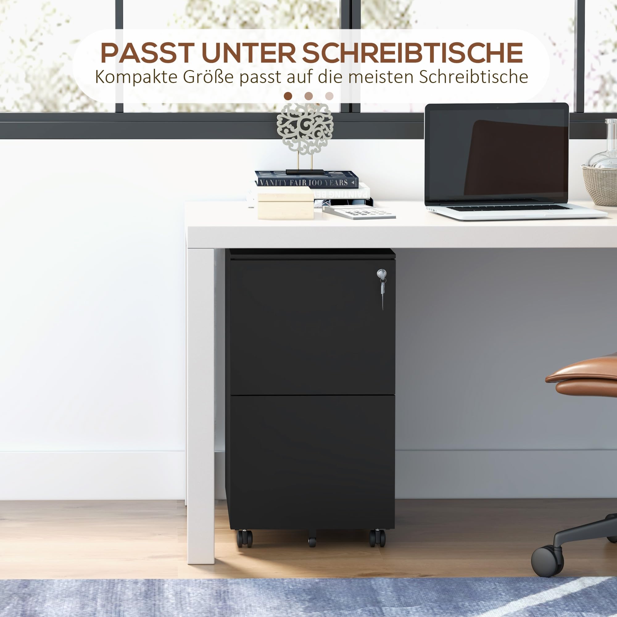 Vinsetto Rollcontainer 2 Schubladen A4 Stahl 37 x 43,5 x 67,5 cm Schwarz | Abschließbarer Büroschrank mit Rollen, Bürocontainer für Akten Dokumente