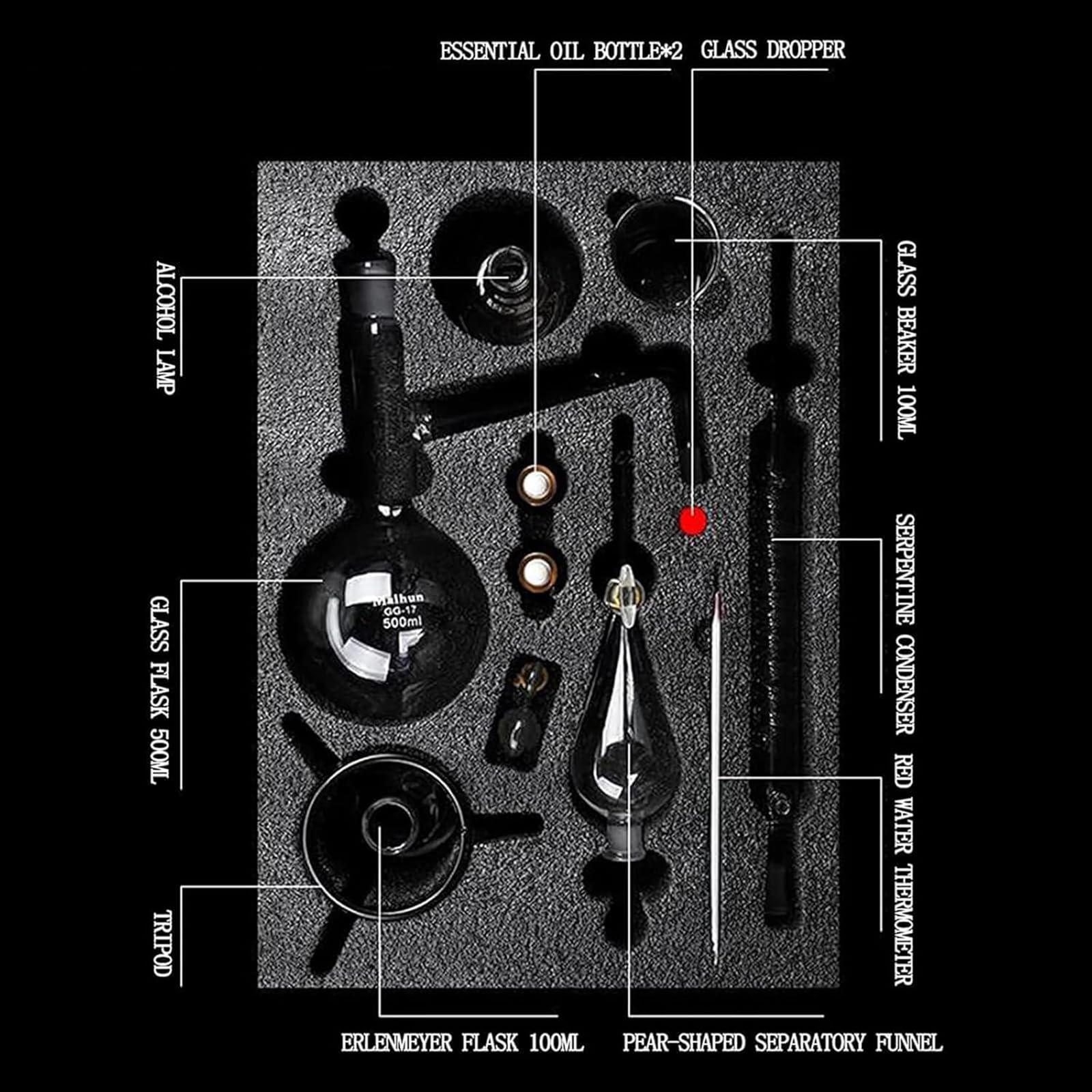 Kit De Destilación De Aceites Esenciales, Aparato De Destilación De 500 Ml, Juego De Cristalería, Temperaturas De hasta 500 Grados, Juego De Equipos para Extractos De Hierbas, para Destilación,