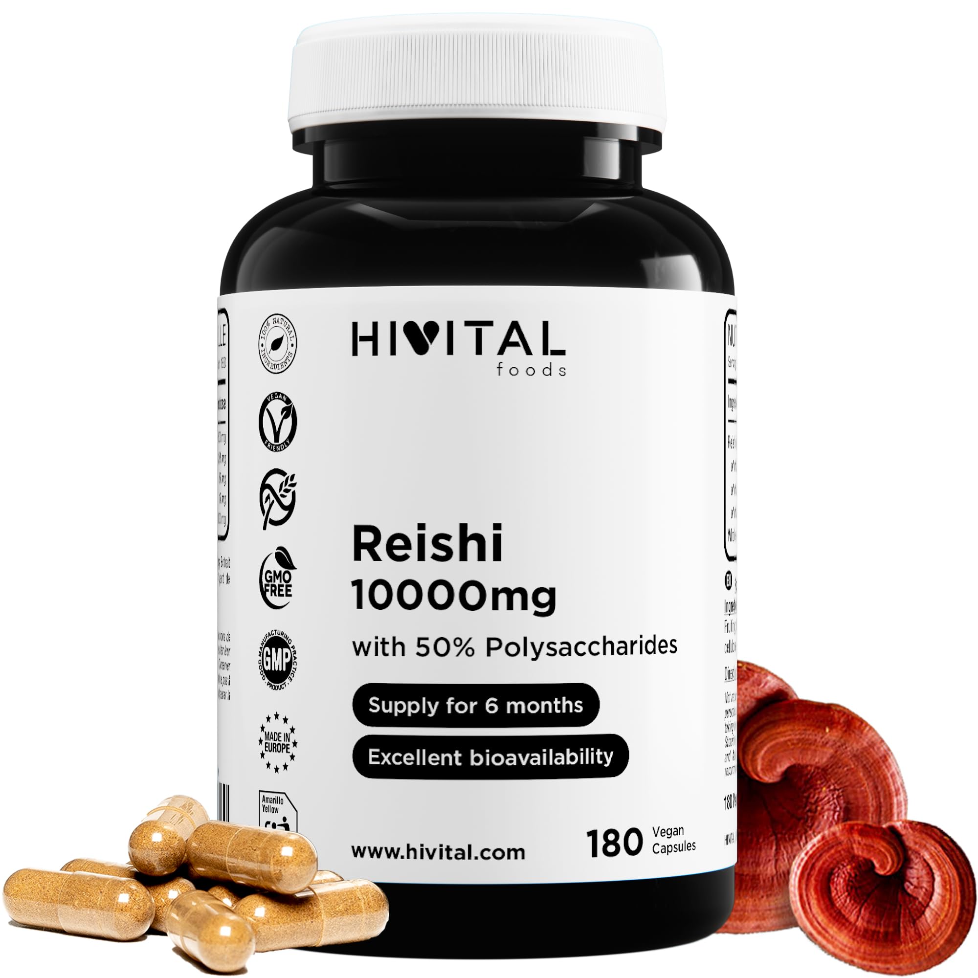 Reishi pur 10000 mg. 180 gélules vegan pour 6 mois de traitement. 50% de polysaccharides, 10% de bêtaglucanes et 2% de triterpènes. Extrait de Reishi japonais 20:1. Fabriqué en Europe par HIVITAL