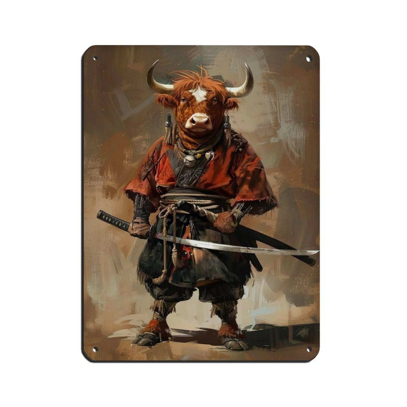 Lxwnze 30L X 40W Cm Ninja Highland Cow Holding A Katana Sword Tin Sign Vintage Metal Pub Club Cafe Bar Home Wall Art Decoration Poster Retro 12X16inch(30X40cm)