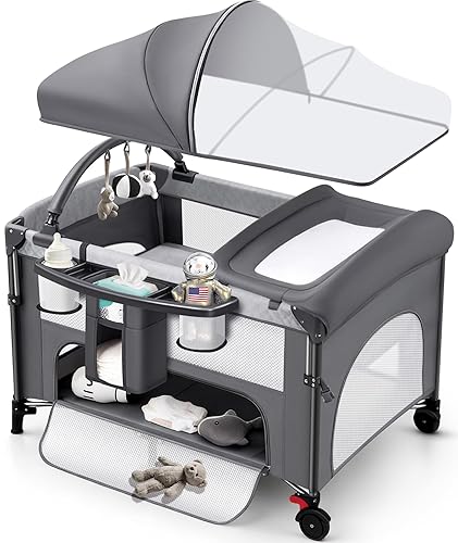 Moisés de bebé 4 en 1 con configuración con una sola mano y colchón impermeable - Paquete y juego certificado ASTM, corral plegable portátil con