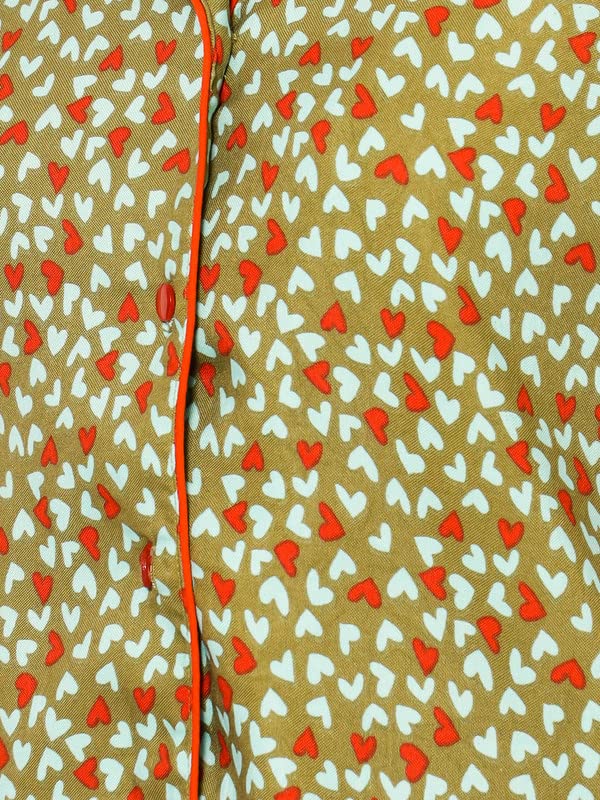 Image of Clovia Women's Rayon Heart Print Button Down Shirt & Pyjama Set in Green