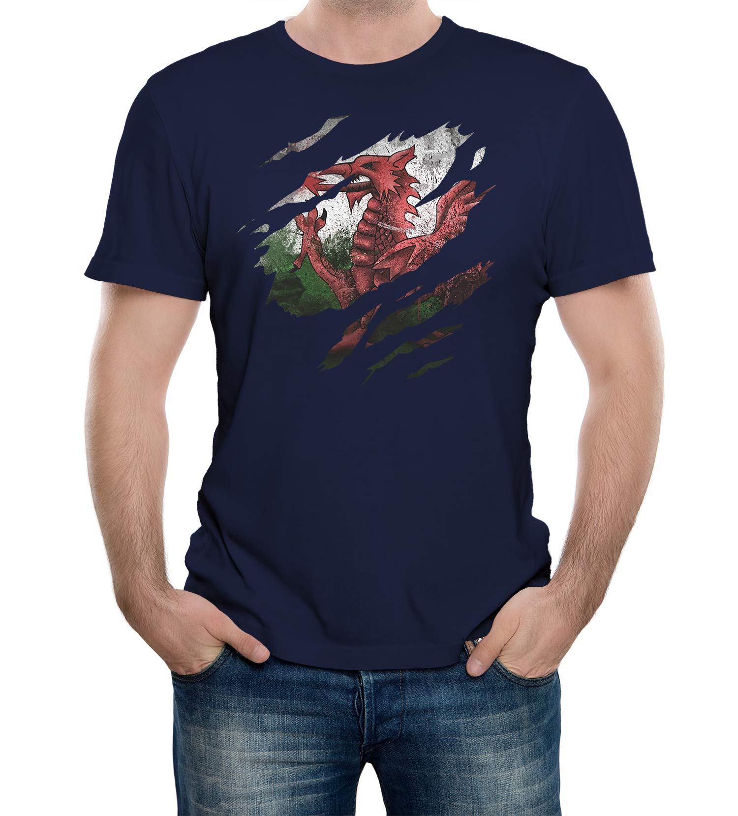 Reality Glitch Torn Wales Flag TShirt Welsh Rugby Gift (Medium, Navy Blue)